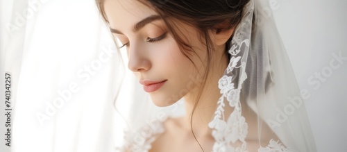 Beautiful bride in wedding dress and veil posing for elegant bridal portrait