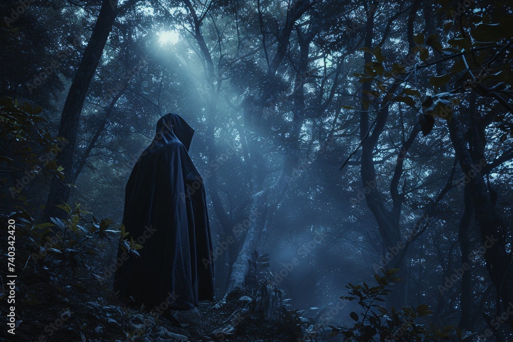 Un homme en noir se promenant dans une forêt sombre » IA générative - obrazy, fototapety, plakaty 