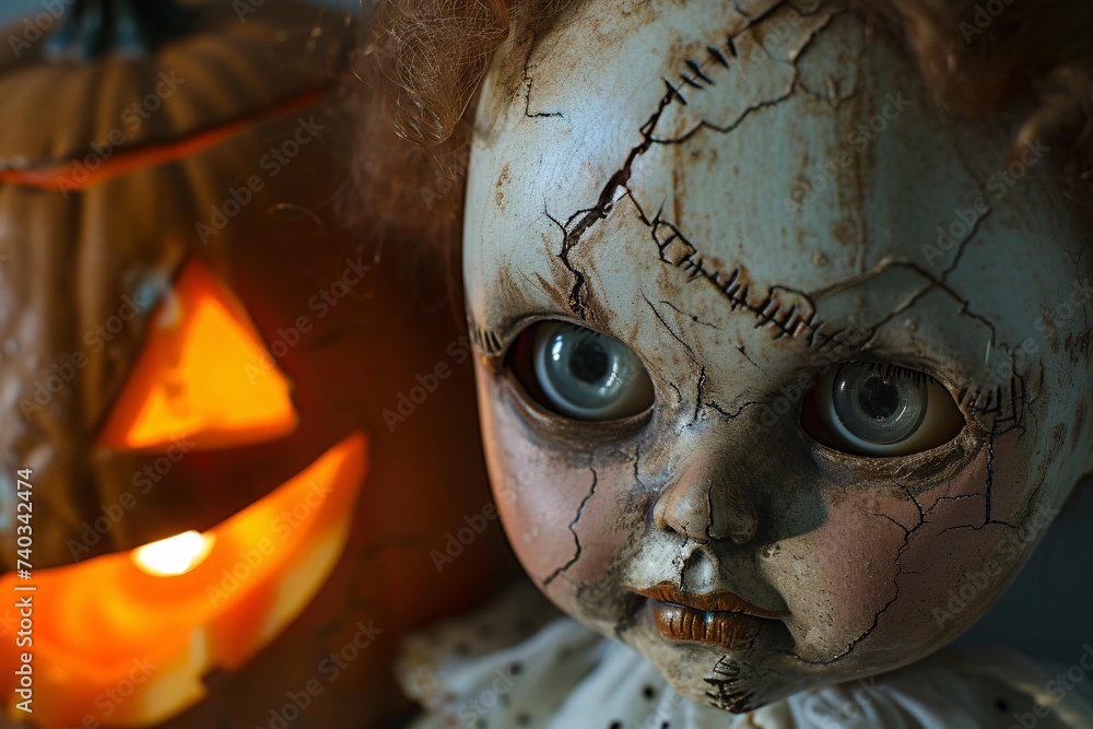 Gros plan sur une vieille poupée abimée à halloween » IA générative