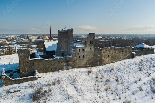 Ruins of the old Rakvere castle in winter, drone air photography.