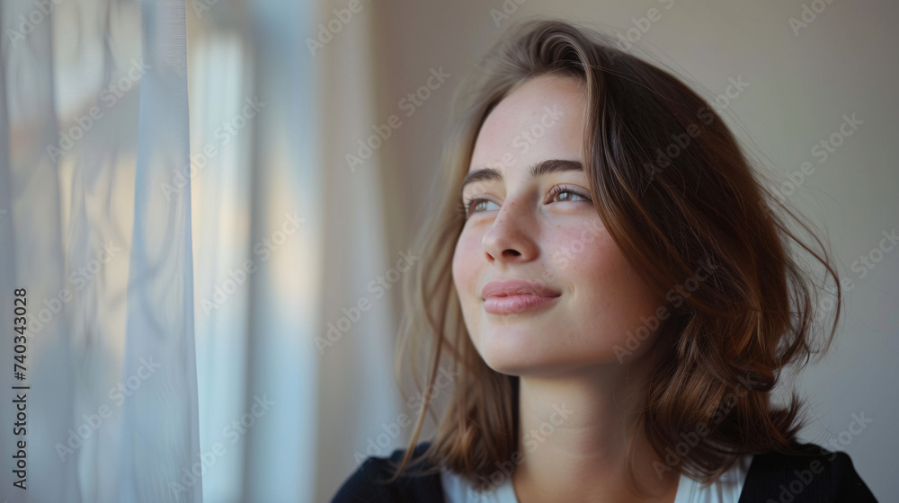 Smiling young caucasian business woman head shot portrait. Thoughtful millennial businesswoman looking away with pensive face, dreaming, thinking over project tasks, future lifestyle Smiling young caucasian business woman head shot portrait. Thoughtful millennial businesswoman looking away with pensive face, dreaming, thinking over project tasks, future lifestyle
