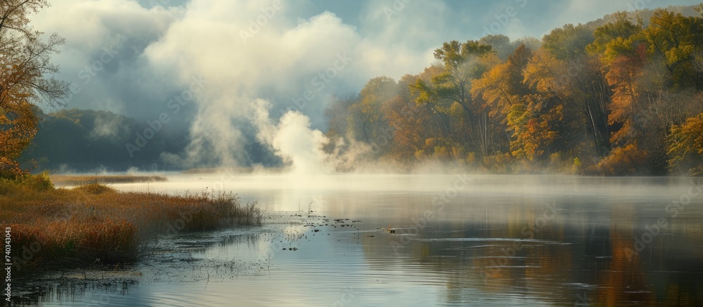 This captivating image showcases a majestic river in Wisconsin, boasting a beautiful body of water surrounded by lush trees and billowing clouds. This captivating image showcases a majestic river in Wisconsin, boasting a beautiful body of water surrounded by lush trees and billowing clouds.
