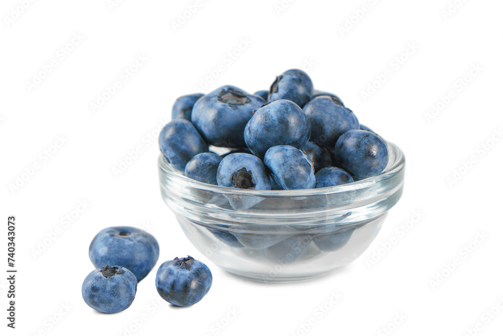 Fresh blueberries in small transparent bowl isolated on white background with copy space. Organic berries, healthy food, wild berries Fresh blueberries in small transparent bowl isolated on white background with copy space. Organic berries, healthy food, wild berries