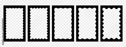 Set of rectangle photo or picture frames with wavy inner borders. Retro vignettes collection. Text box frameworks. Decoration design elements isolated on white background. Vector flat illustration.