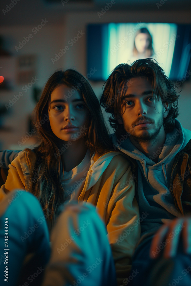Couple caucasian man and woman sit at home on sofa bed watch tv movie Couple caucasian man and woman sit at home on sofa bed watch tv movie