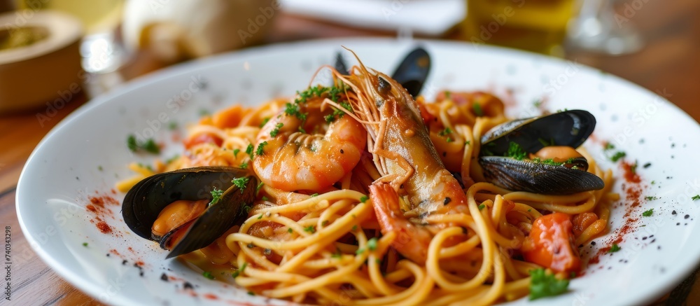 Delicious seafood pasta dish with shrimp and mussels on a plate
