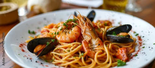 Delicious seafood pasta dish with shrimp and mussels on a plate