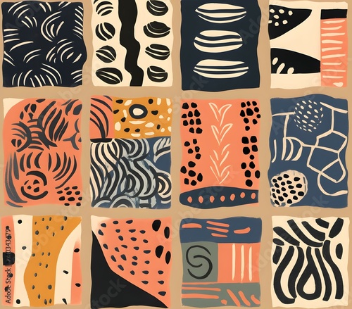 a collection of simple african mud cloth patterns, In the style of matisse, gouache