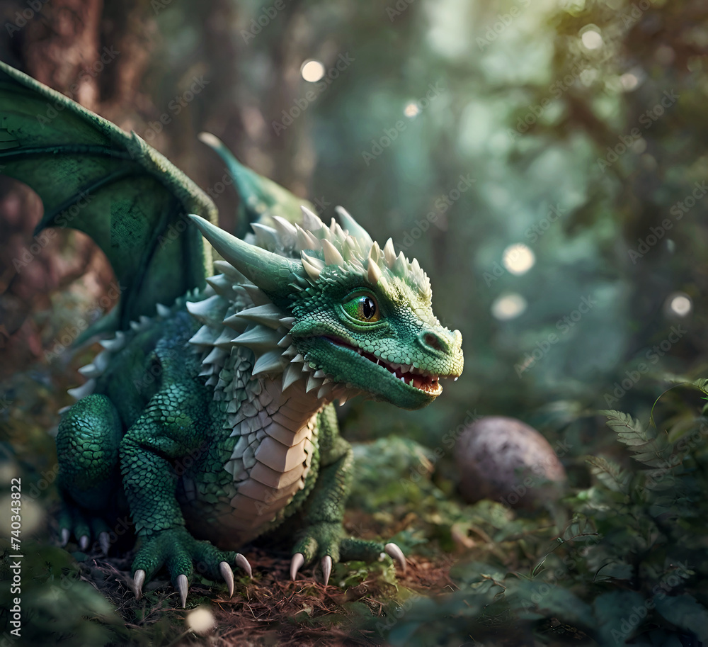 cute adorable smiling natural dragon baby with wings and horns seating in forest. AI generated