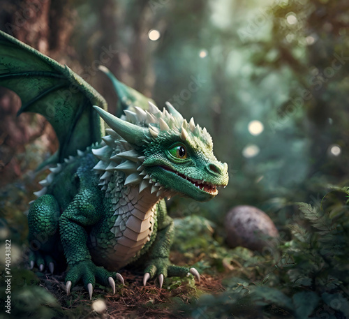 Obraz na płótnie cute adorable smiling natural dragon baby with wings and horns seating in forest. AI generated w salonie