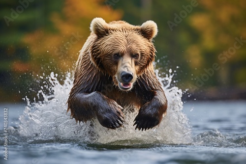 Ours brun pêchant dans l'eau d'une rivière » IA générative © Maelgoa