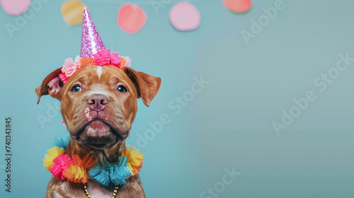 A pitbull puppy wears a party hat, necklace, and bowtie, isolated on a pastel background, perfect for advertising with text space. Great for party invites © ImageHeaven