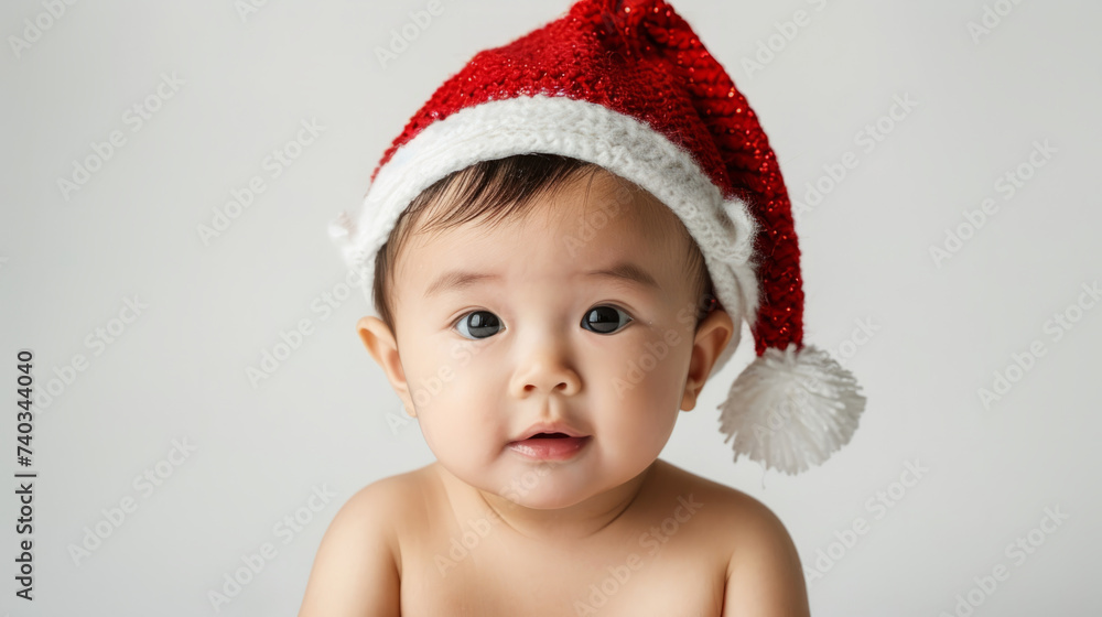 Portrait of an asian baby with a christmas hat on white studio background Portrait of an asian baby with a christmas hat on white studio background