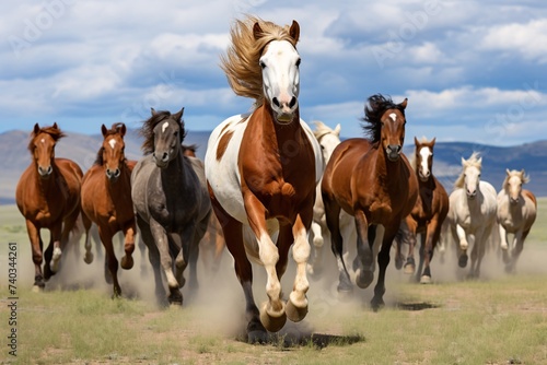 Groupe de chevaux sauvages galopant dans la nature » IA générative © Maelgoa
