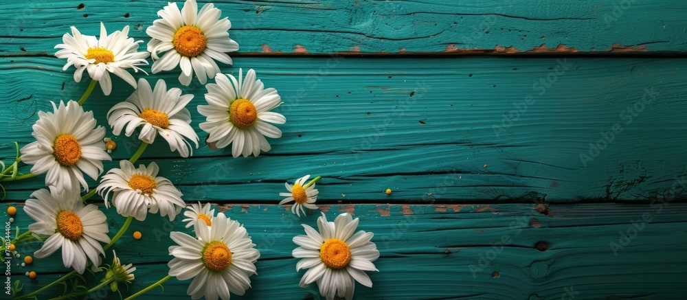 Obraz premium A captivating display of daisies against a refreshing green wooden surface.
