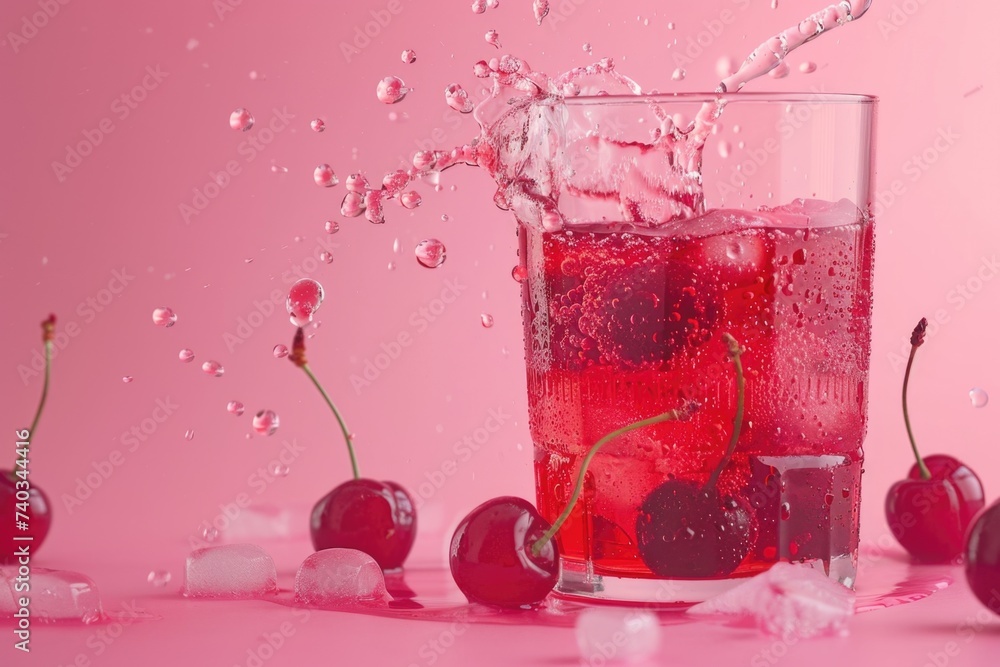 A clear glass filled with ice cubes and vibrant red cherries, creating a refreshing and visually appealing scene. The ice glistens while the cherries add a pop of color A clear glass filled with ice cubes and vibrant red cherries, creating a refreshing and visually appealing scene. The ice glistens while the cherries add a pop of color
