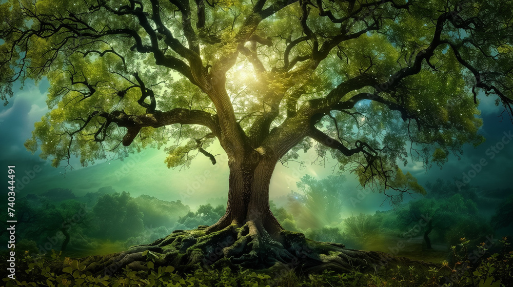 A majestic, healthy ancient tree boasts abundant green foliage, backlit by the midday sun as it shines through the leaves, against a misty background A majestic, healthy ancient tree boasts abundant green foliage, backlit by the midday sun as it shines through the leaves, against a misty background