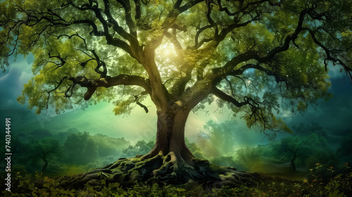 A majestic, healthy ancient tree boasts abundant green foliage, backlit by the midday sun as it shines through the leaves, against a misty background