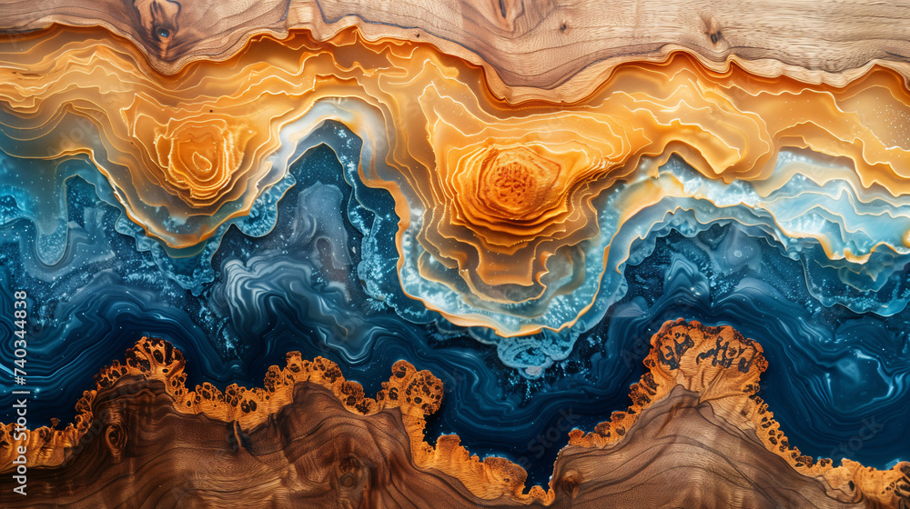 Fototapeta premium Abstract wood and colored epoxy resin texture background. Captivating image for printing. Contemporary art. Intricate details. Rich colors