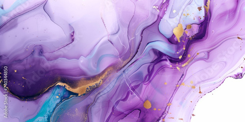 Abstract marble marbled stone ink liquid fluid painted painting texture luxury background banner - Purple turquoise swirls gold painted splashes lines illustration