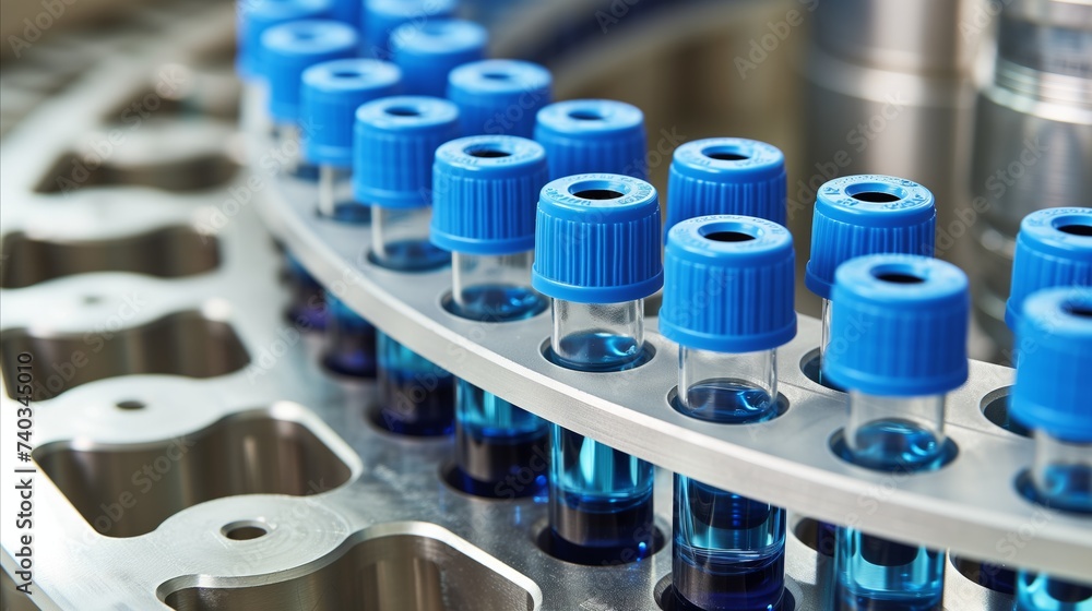 Automated Assembly Line Producing Blue-Capped Vials Automated Assembly Line Producing Blue-Capped Vials