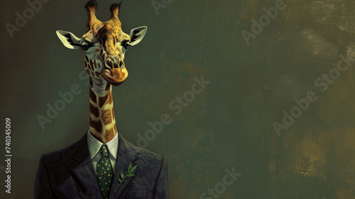 Standing tall in a chic business suit with a trendy leaf-patterned tie, this giraffe showcases a perfect blend of wilderness and urban sophistication.
