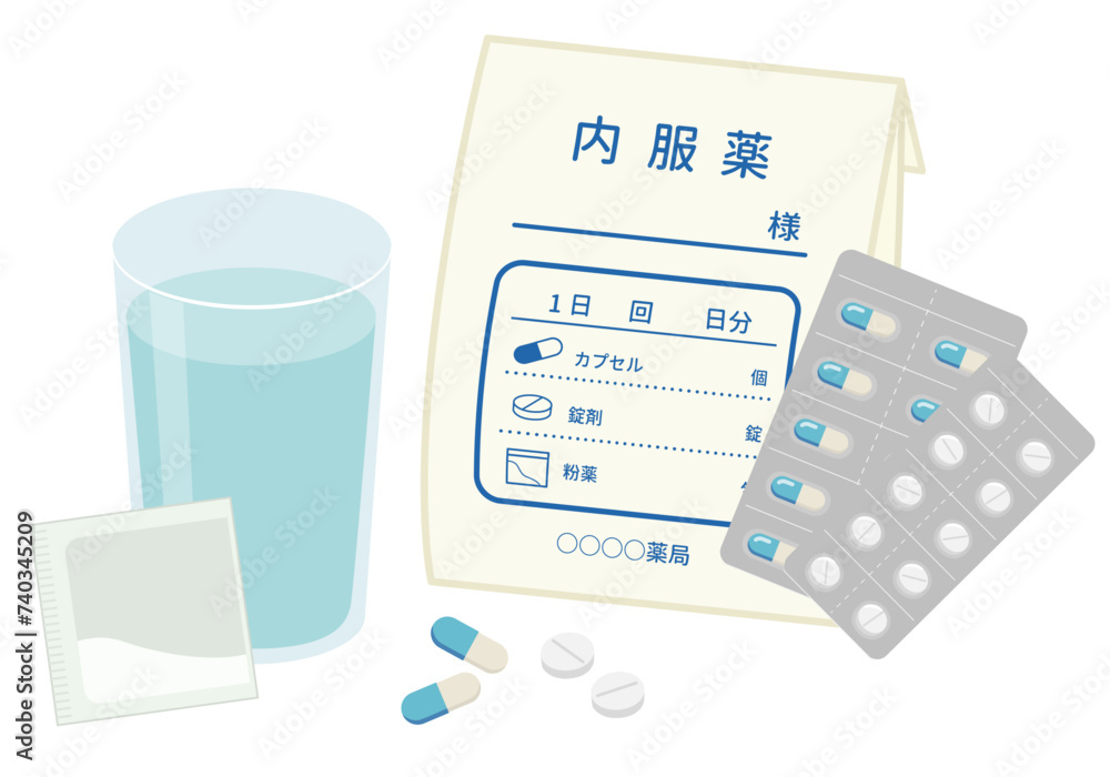 薬_病院で処方された薬とお水 カプセルと錠剤と粉薬 Stock Vector | Adobe Stock