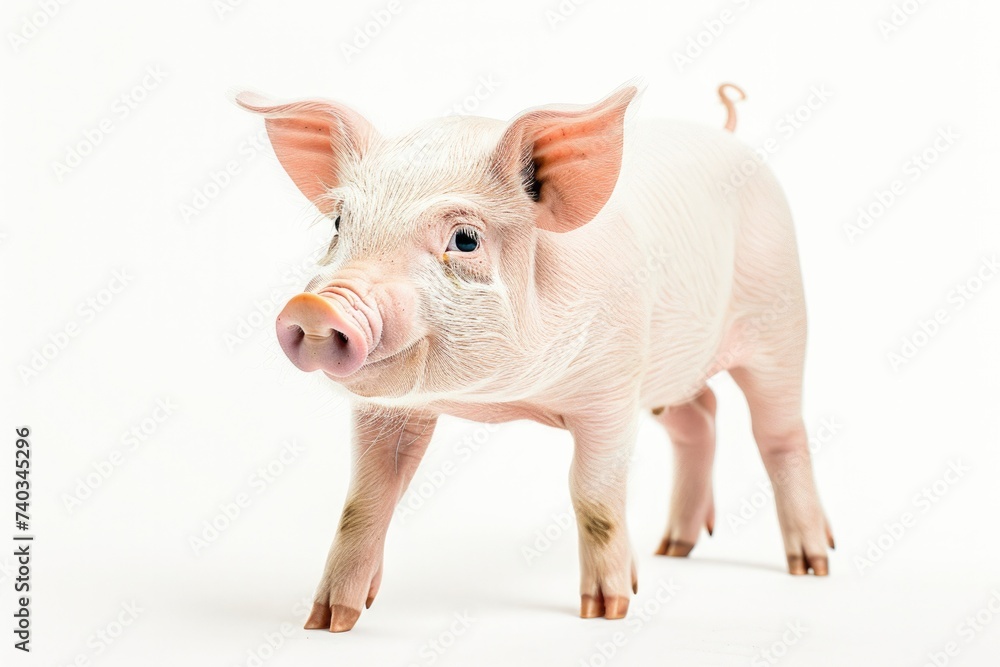 A little pig stood and watched from the side. white background A little pig stood and watched from the side. white background