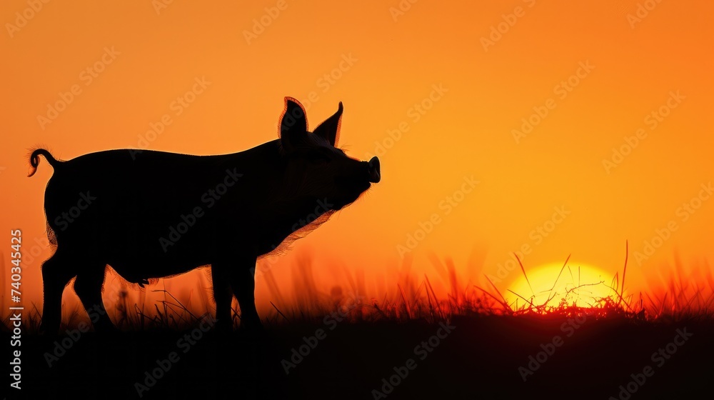An orange-yellow silhouette of a little pig standing and watching from the side. Sunset background An orange-yellow silhouette of a little pig standing and watching from the side. Sunset background