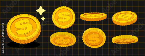 Set of vector gold coins in flat cartoon style. Isolated illustration of currency or dollar. Applicable for gambling games, jackpot, bank, financial illustration or banners. At the black background.