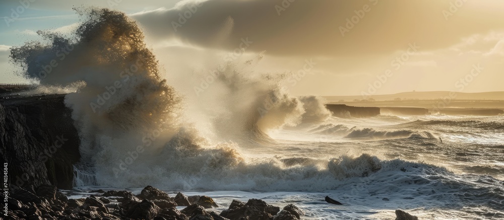 Fototapeta premium A stunning display of a large wave crashing dramatically against a rocky shore.