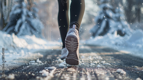 Woman's legs, clad in sports shoes, jogging in the snow from a rear perspective. 