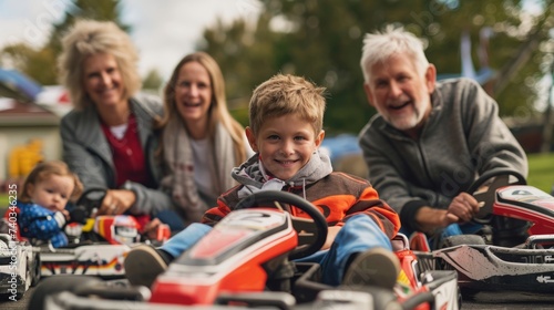 Happy family having fun on a kart race in the park.