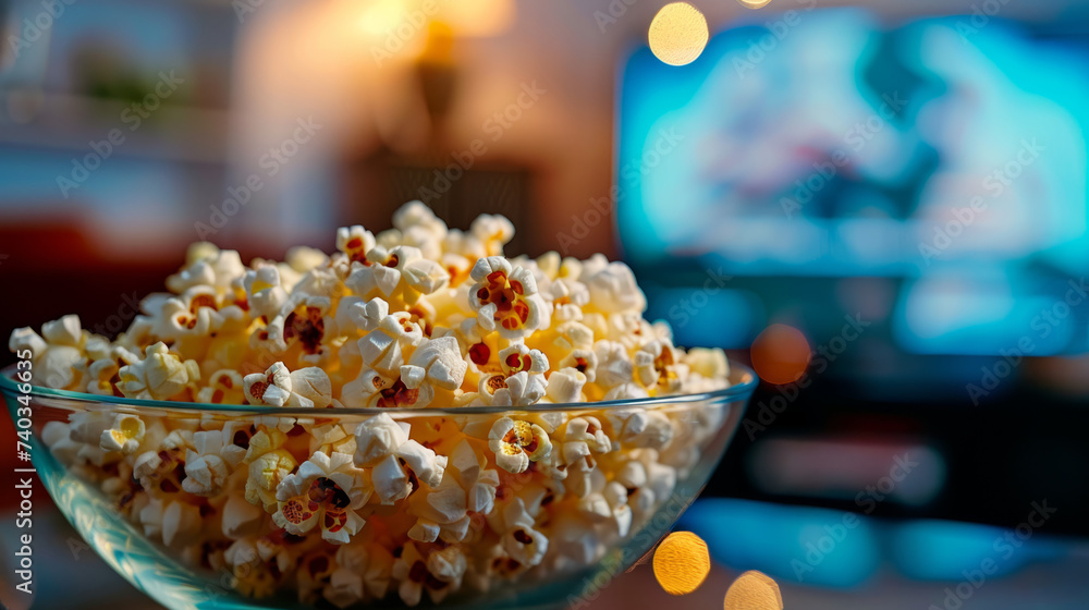 Popcorn in a glass bowl, ready to watch tv,blurred background Popcorn in a glass bowl, ready to watch tv,blurred background