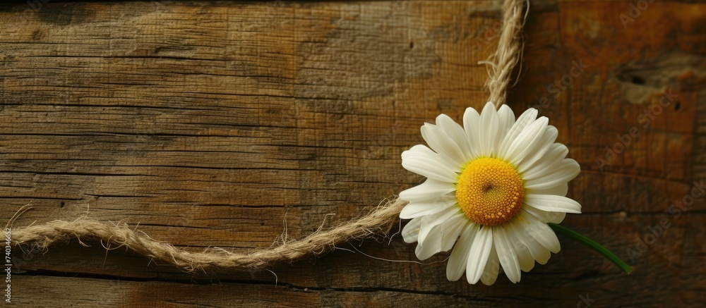Obraz premium A white daisy with a vibrant yellow center rests on a wooden surface.