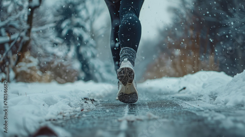 Woman's legs, clad in sports shoes, jogging in the snow from a rear perspective. 