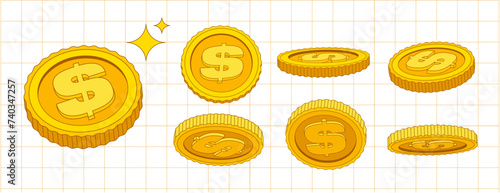 Set of vector gold coins in flat cartoon style. Isolated illustration of currency or dollar. Applicable for gambling games, jackpot, bank, financial illustration or banners. At the white background.