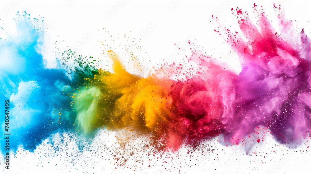 Gradient rainbow multicolored powder paint explosion, isolated on white background.