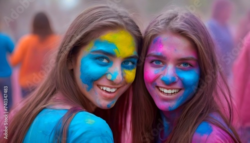 Joyful girls girlfriends with colorful faces celebrating Holi festival of colors with beautiful blue color eyes created with generative ai