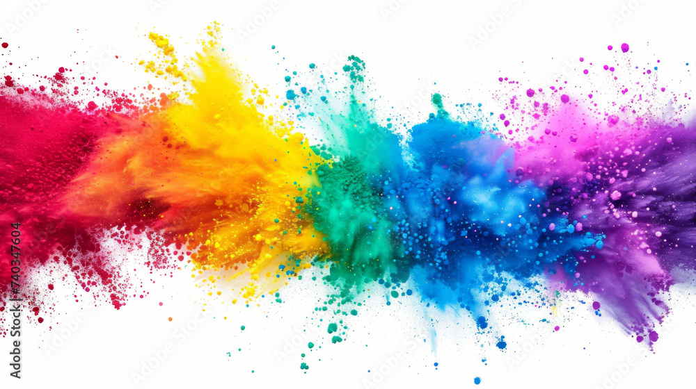Fototapeta premium Gradient rainbow multicolored powder paint explosion, isolated on white background.