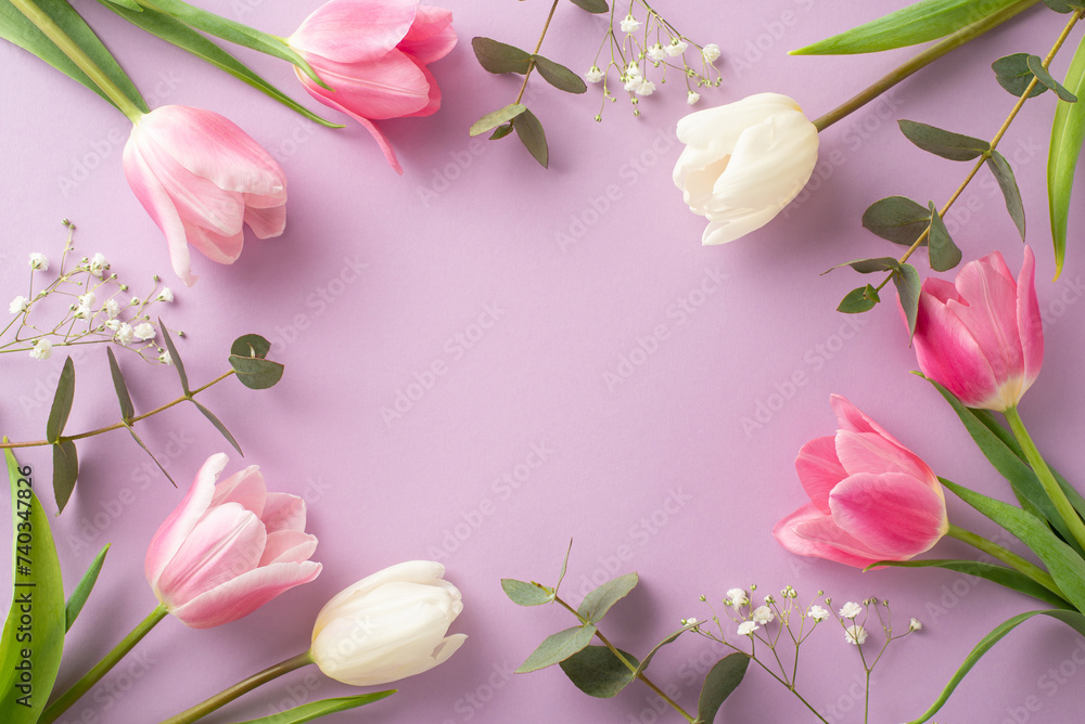 Women's Day design. Top-view photo featuring eucalyptus, tulips and baby's breath, set against a muted purple background, with space for messaging