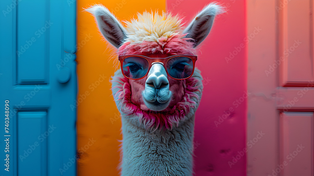 A nonchalant llama, adorned with trendy sunglasses, effortlessly poses in a photo studio bathed in the dynamic glow of blue and pink lights, setting a chill and vibrant tone for a captivating headshot