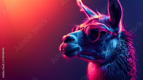 A laid-back and stylish llama donning vibrant sunglasses strikes a pose in a well-lit photo studio, emanating cool vibes with the play of blue and pink lights, creating an illuminating profile headsho photo