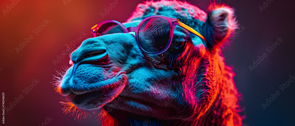 A cool and relaxed camel, adorned with colorful sunglasses, takes center stage in a photo studio. Surrounded by vibrant blue and pink lights, they create a laid-back atmosphere, posing stylish profile