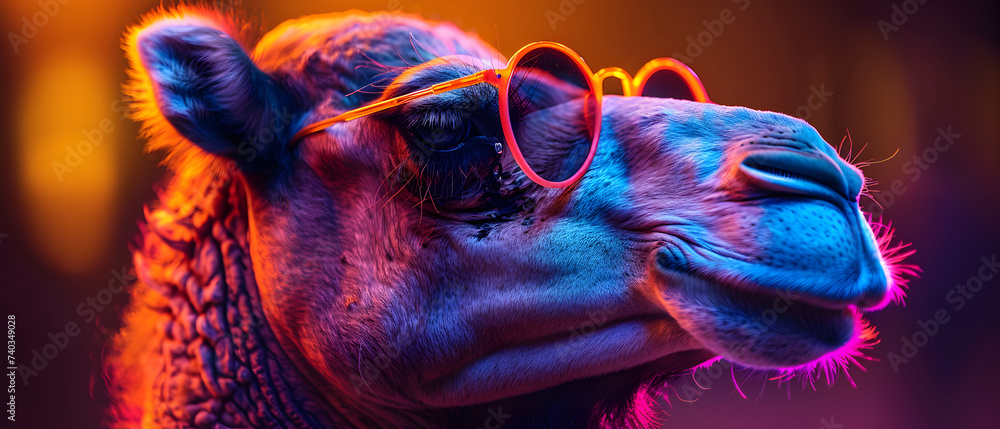 A cool and relaxed camel, adorned with colorful sunglasses, takes center stage in a photo studio. Surrounded by vibrant blue and pink lights, they create a laid-back atmosphere, posing for stylish pro