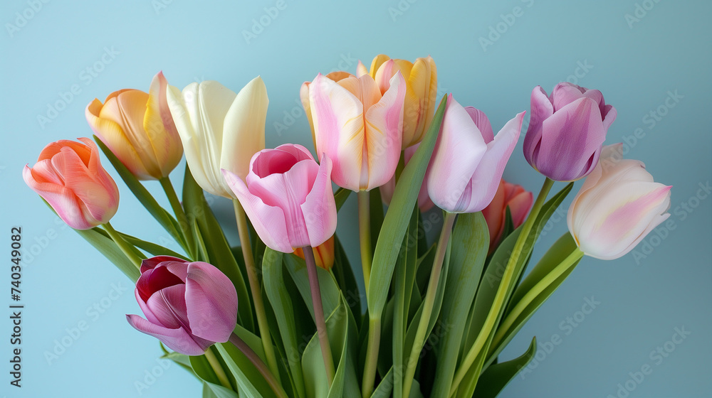Fototapeta premium Bouquet of Soft Pink Tulips on Blue Background: Fresh Colorful Spring Flowers for Valentine's Day, Easter, Women's Day, and Mother's Day Celebrations