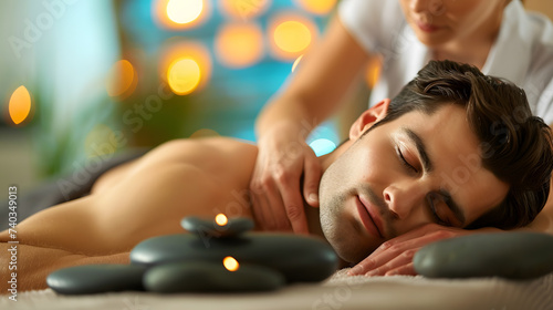 A man is getting a massage at a spa, The man could be lying on a table, therapist using hot stones, The man could be in the foreground with the massage therapist in the background.