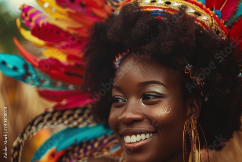 Glamourous Afro-American Woman Smiles in Colorful Headdress. Generative AI