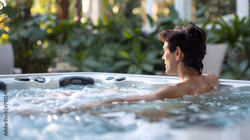 A person is relaxing in a hot tub at a spa, The person sitting in the hot tub alone, The hot tub outdoors. The person in the foreground with the hot tub in the background.