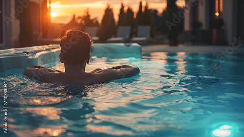 A person is relaxing in a hot tub at a spa, The person sitting in the hot tub alone, The hot tub outdoors. The person in the foreground with the hot tub in the background.